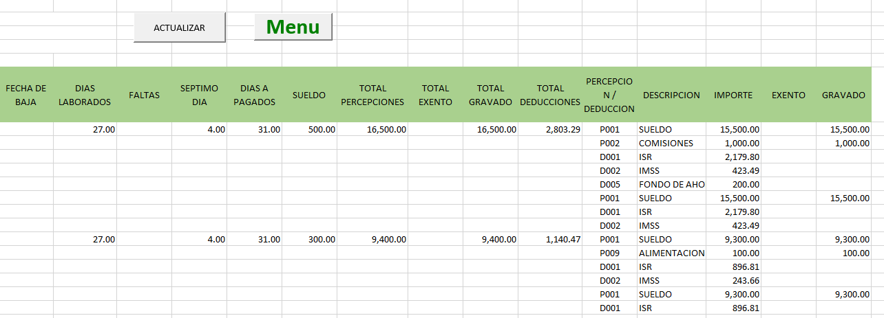 Actualización Nomina en Excel Formulas Excel