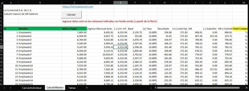 Calculo masivo de ISR inverso de Salarios en Excel